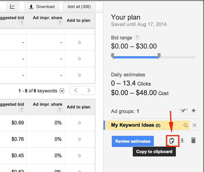 Copy New Keyword List to Clipboard in Google's Keyword Planner