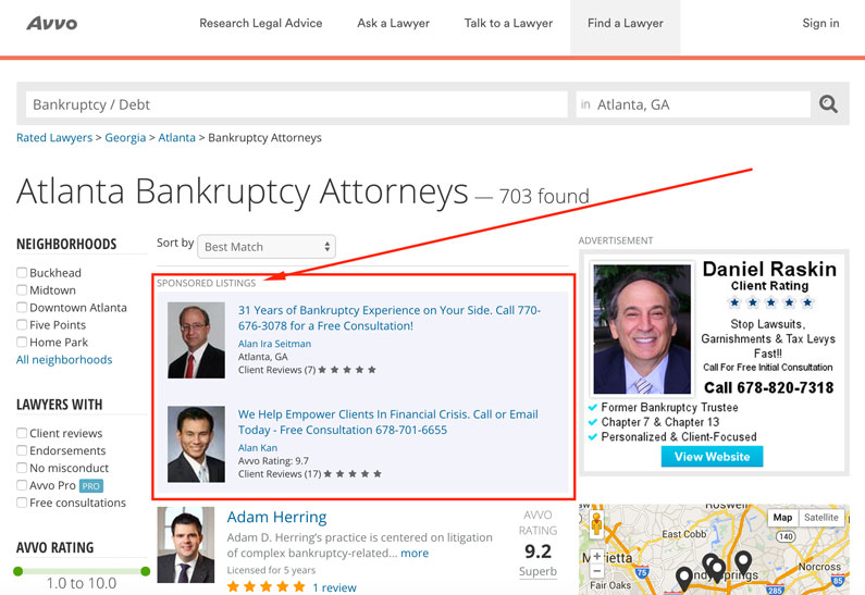 Avvo Sponsored Listings - Bankruptcy Attorney Search Results